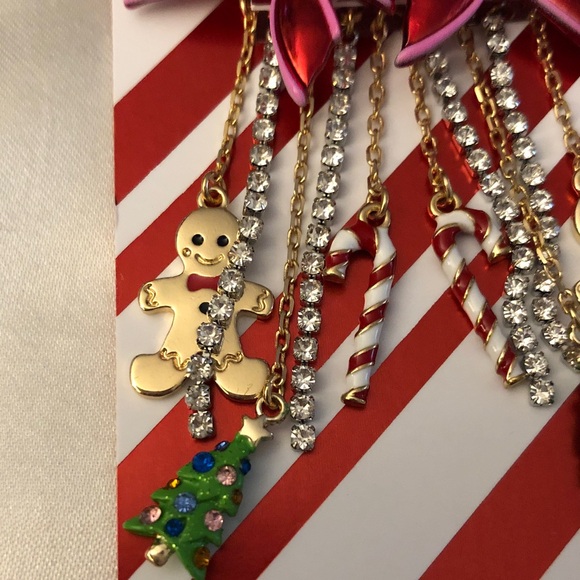 Betsey Johnson Gold Tone Red Metal Bow Front Back Drop Earrings Fringe Accents - Picture 5 of 13